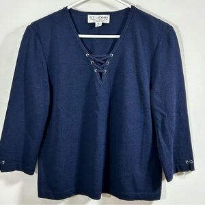 St. John Collection Navy Lace-Up Blouse 3/4 Sleeves Size 10